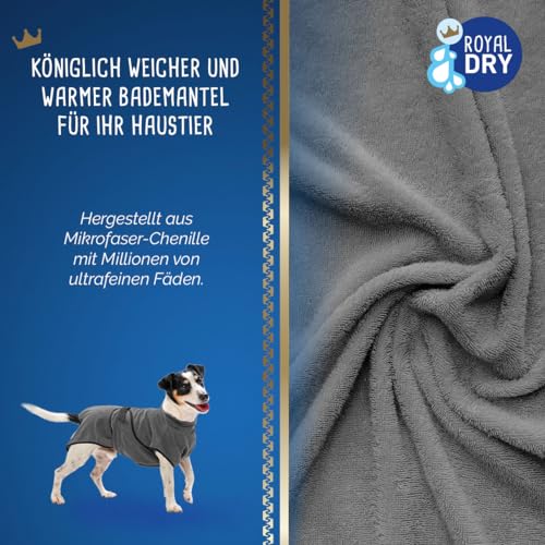 Royal Dry Bademantel Hund S - Rückenlänge 37-45 cm - Hundehandtuch - Mikrofase - Hundebademantel kleine Hunde - Schnell Trocknendes mit Klettverschluss - Grau