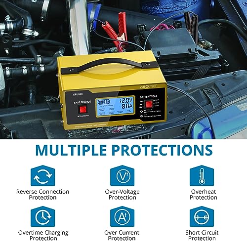 Image of AUTOUTLET Upgraded 6 /8 /12 /14 /16 /24V Battery Charger Automotive Smart Car Battery Charger and Trickle Maintainer 0-14A Fully Automatic with Cable Clamps for Lead-Acid Batteries(NOT Lithium Battery)