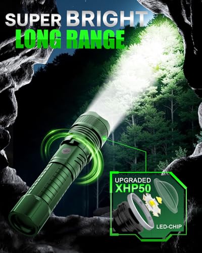 Image of Victoper Green LED Flashlights, High Powered High Lumens Super Bright Tactical Flashlight, Rechargeable, 5 Modes Zoomable Waterproof Flash Lights for Emergency, Outdoor, Home, Camping, Hiking