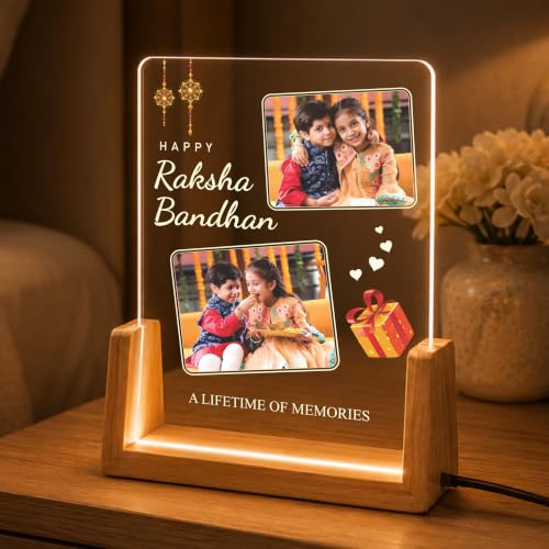 Image of Giftplease Personalized Raksha Bandhan LED Acrylic Photo Frame with Custom Pictures, Brother Sister Memory Lamp, Wooden USB Table Decor, Rakhi, Rakshabandhan, Festival Keepsake, Engraved Name Quote Display Plaque