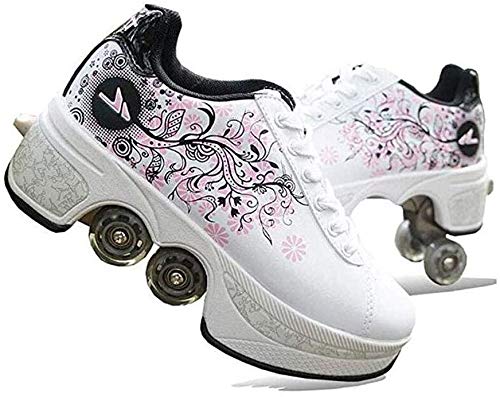 qmj Zapatos con Ruedas Niños Y Niña Patines 4 Ruedas Automática Calzado De Skateboarding Deportes De Exterior Patines Y Deporte Gimnasia Zapatillas,White-38