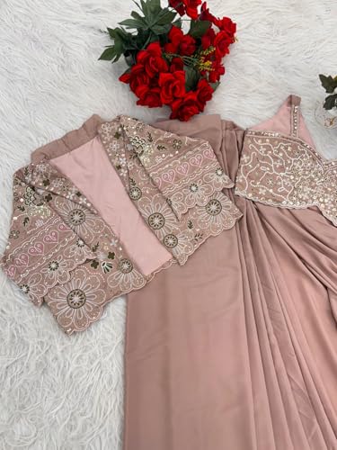 Image of Women's Embellished, Embroidered Ready-to-Wear Crepe Silk Saree with Fully Embroidered Koti, Stitched Blouse & Lace Border - Ethnic for Women