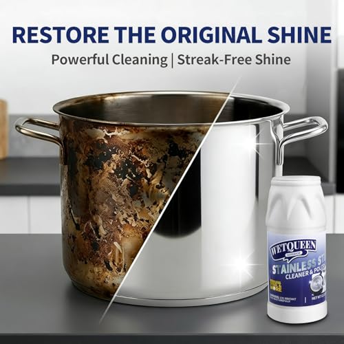 WETQUEEN Stainless Steel Cleaner and Polish Kit - Heavy Duty Cookware Cleanser Powder with 3 Pads - Removes Burnt Stains, Rust, Water Spots & Grease from Pots, Pans, Sinks & Appliances (12.35 oz)