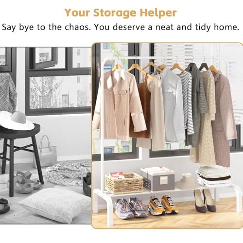 Image of Mevigo Heavy Duty Metal Clothing Rack with Storage Shelf | Freestanding Garment Organizer for Clothes, Shoes & Bags | Modern Wardrobe Rack for Bedroom, Entryway & Laundry Room (Bright-White, 2-Tier)