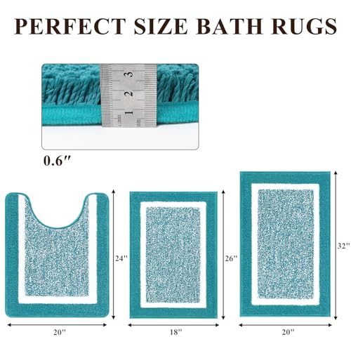 Pauwer Bathroom Sets 3 Pc Shower Rugs w/ U-Shaped Mat, Absorbent Microfiber Plush Mats, Non Slip, Machine Wash, Shaggy Aqua Blue