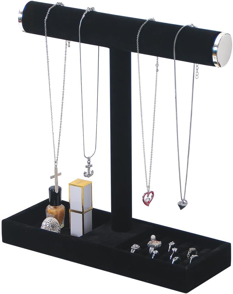 Coward Jewelry Organizer Stand, Velvet Necklace Bracelet Watch Ring Display Holder with Tray, Multi-use Jewelry Display Stand for Women Girls Dresser Nightstand (Black)
