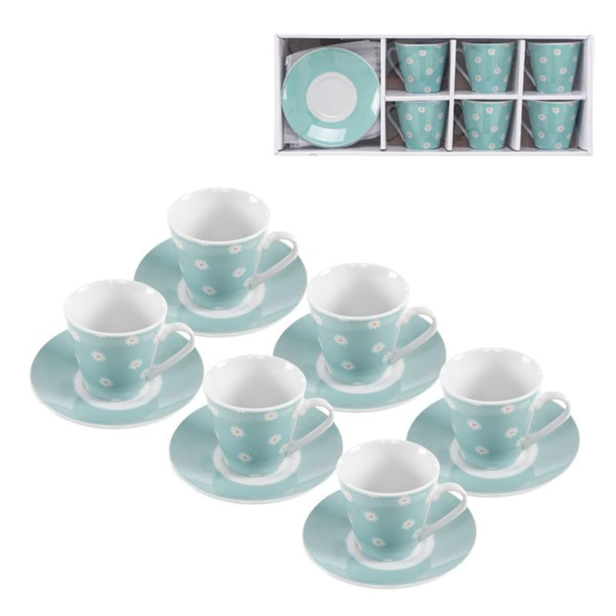 Kaffeeservice, 6 kleine Tassen, 90 ml, mit Untertasse, türkisfarbene Keramik mit Blumen, spülmaschinenfest und mikrowellengeeignet, für Gäste und Partys