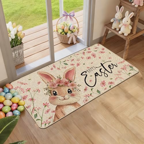 Baccessor ハッピーイースタードアマット 43.2x91.44cm、ラージ ピンク バニー ウサギ フローラル ウェルカム ドアマット ラグ 床用 滑り止め ゴム裏地 季節 休日 装飾 屋内 屋外 [3]