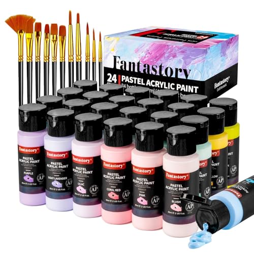 Fantastory Acrylfarben Set Pastell,60ml,24 cremige Farben,12 Pinsel,wasserfest,nicht verblassend,ungiftige Acrylic Paint für Leinwand,Holz,Modelle;Künstler,Profis,Anfänger[Professionelle Serie]