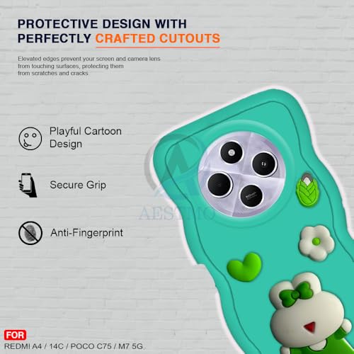 Image of AESTMO Back Case Cover for Redmi A4 / 14C / Poco C75 / M7 5G | 3D Cute Fun Cartoon Characters | Anti Slip Grip Cute Wave Curly Frame Shape | Full Body Protection Back Cover (Mint Green)