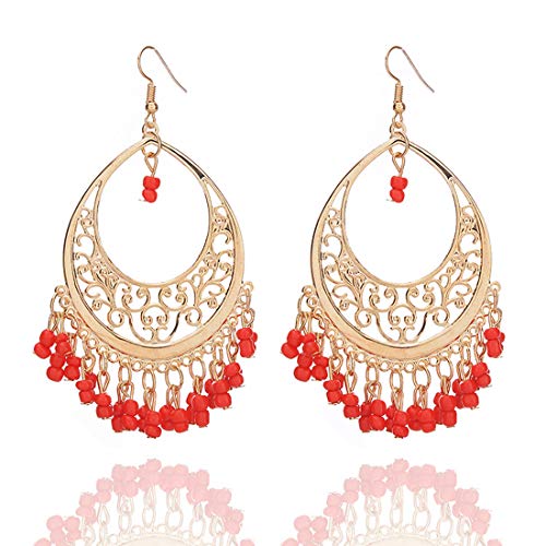  Orecchini pendenti in stile bohémien, con ciondoli a forma di moneta e paillette, con perline e nappe, gioielli da donna e Lega, colore: Perline rosse.