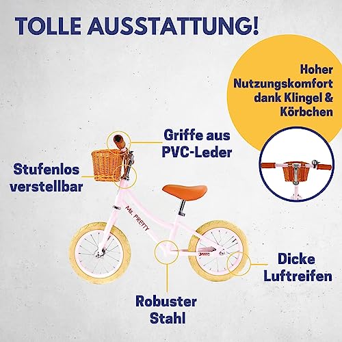 Bicicleta de correr sin pedales de estilo retro rosa con accesorios para niños 3
