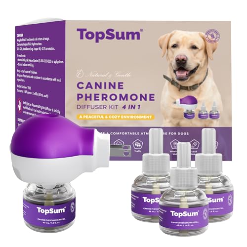 TopSum Calming Diffuser for Dog: Dog Pheromones Calming Diffuser Plug for Stress Barking Chewing Pee Accidents & Separation Behaviors (Purple 1 Diffuser+3 Refills)