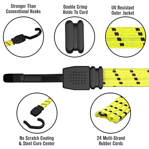 Houseables Bungee Cords With Hooks, Bungie Straps, 4 Pack, 48 Inch Long, Yellow, Flat, Premium Rubber, Bungy Chords, Adjustable, Long Bungi Rope for Dolly, Upcart, Car Trunk, Camping, Luggage, Moving