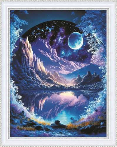Amiiba Pre Printed Cross Stitch Kits for Adults Lake Scenery 11ct Stamped Embroidery Kits DIY Wall Art Decor for Beginners (Lake Scenery)