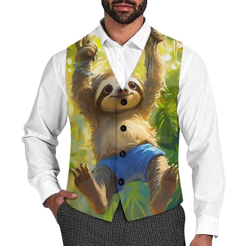 Sloth Swinging On A Branch Casual Suit Vest for Men Formal Business Dress Regular Fit Waistcoat Tuxedo