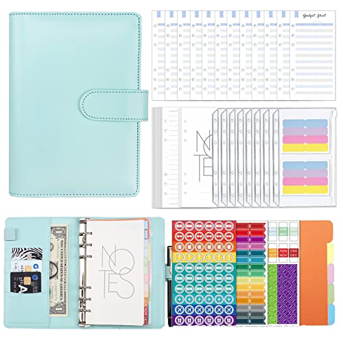 Carpeta de Presupuesto A6 Archivador de Dinero de Cuero de PU Organizador de Dinero Budget Binder Organizer con Sobres Plastico Cuaderno con Separadores Agenda para Ahorrar Dinero (Azul)