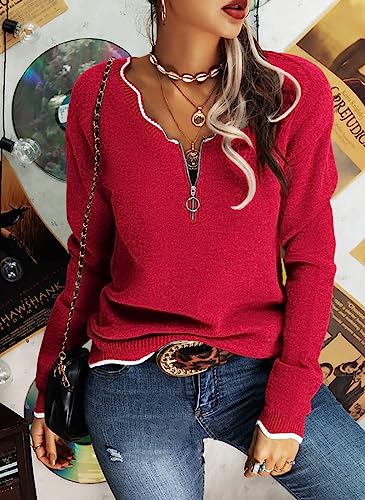 Image of Hongqizo Women's V Neck Long Sleeve Sweater Half Zipper Knit Sweater Casual Cricket Stripe Jumper Pullover Knit Tops
