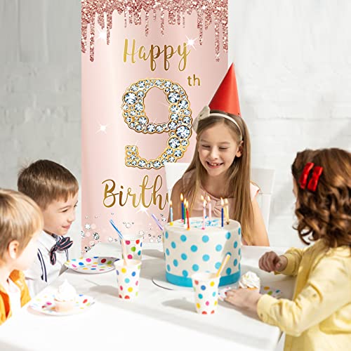 Image of Pink Rose Gold 9th Birthday Door Banner Decorations, Large Nine Year Old Party Sign, Photo Booth Props