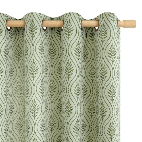 BGment Olive Green Cottage Core Curtains for Room Decor, Botanical Jacquard Leaf Pattern Vintage Window Light Filtering Boho Sheer Linen Curtains for Living Room, 2 Panels, 52 x 84 Inch
