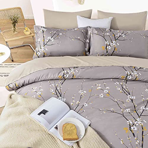 Nanko King Comforter Set 3 Pc 104X90, Gray Pastel Floral Flower Print Soft Microfiber Bedding - All Season Quilted Comforter With 2 Pillowshams - Farmhouse Bed Set For Women Men #TOP2