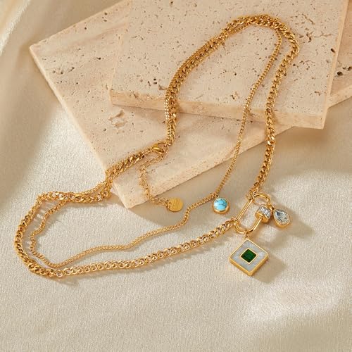 HETICA Gold Mother of Pearl Pendant Women Necklace, Double Layers Turquoise Cubic Zirconia Necklace Stainless Steel Delicate Fashionable Collar Chain Gift2