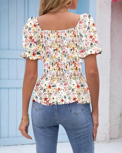 Womens Puff Short Sleeve Babydoll Tops Floral Summer Peplum Blouse Smocked Square Neck Loose Fit Ruffle Dressy Tee Shirts4