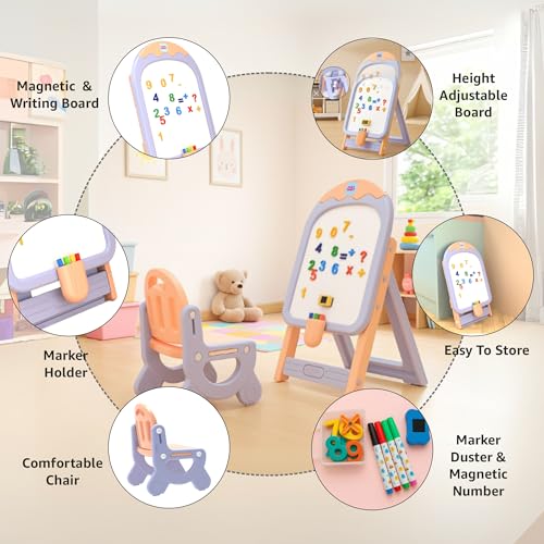 Image of Amazon Brand - Jam & Honey Ice Cream Easel Board Set for Kids | Magnetic Board with Accessories | Activity Table & Chair | Adjustable Height | Foldable | Age 2-5 Years