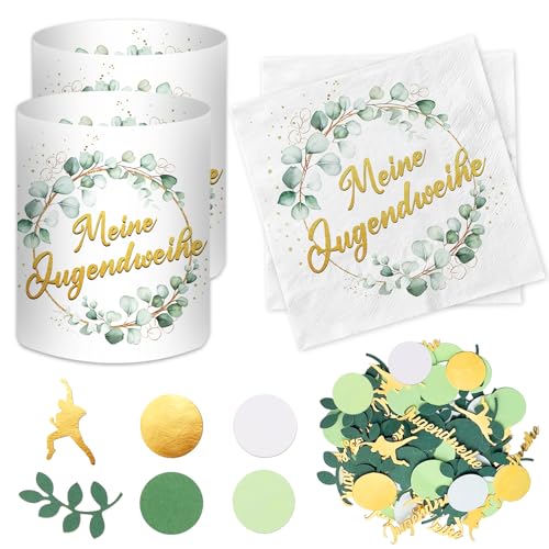 20 Stück Servietten Jugendweihe + 12 Windlicht +100 Konfetti Tischdeko Jugendweihe Deko Mädchen Junge 2026 Eukalyptus Grün Gold Party Deko Geschenke Gastgeschenk