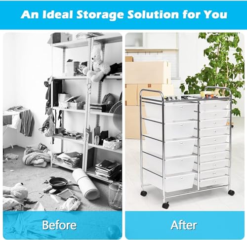 Image of LDAILY 15 Drawer Rolling Storage Cart, Rolling Cart with Drawers for Classroom, Art Supply Craft Organizer on Wheel with Metal Frame & Handles for Home Office School