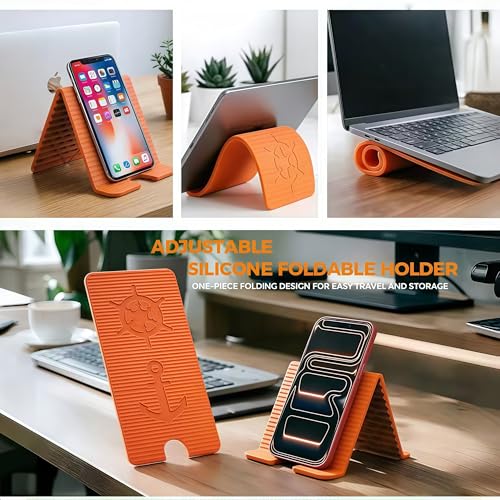 ZURCAS Flexible Silicone Aluminum Phone Holder Tablet Stand with Charging Port Design, Foldable Airplane Laptop/Phone Stand for Home Office Travel (Orange) — view 3