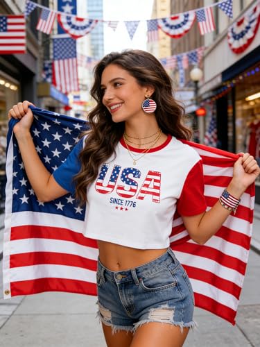 Image of MYHALF Women USA Flag 250th Patriotic 4th July Memorial Day Crop Shirt