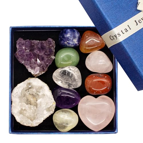 Crystals and Healing Stones, Healing Crystals, Witchcraft Kit, Chakra Stones,Crystals and Stones,White Crystal Geode & Amethyst Cluster, Healing Crystals and Stones, Crystal Set, Crystal Gift Box