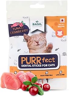 Basil Purrfect Cat Dental Sticks | Tuna &amp; Cranberry Dental Sticks for Cats, Cat Treats | Cats Oral Hygiene &amp; Helps Control...
