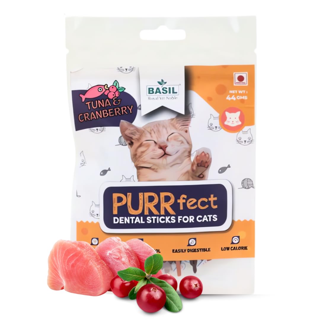 Basil Purrfect Cat Dental Sticks | Tuna & Cranberry Dental Sticks for Cats, Cat Treats | Cats Oral Hygiene & Helps Control Hairballs, Supports Easy Digestion, and Promotes a Healthier Coat | 44g