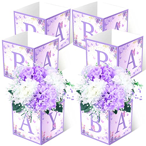 Image of Bucherry 6 Pcs Baby Shower Centerpieces with Letters, 7 inch Baby Blocks Flower Boxes for Table Decorations, Gender Reveal Party Supplies & Photo Props(Purple,Purple Butterfly)