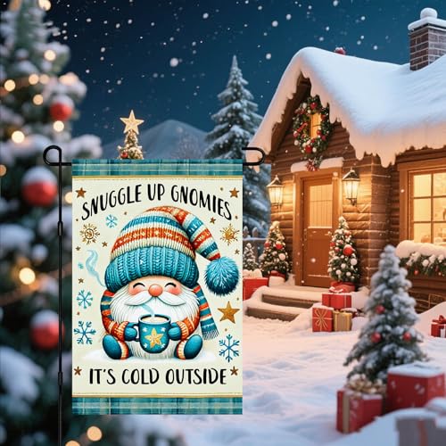 Image of BlissYard Winter Yard Flag Snowflake Gnomies Coffee 12x18 Inch Polyester