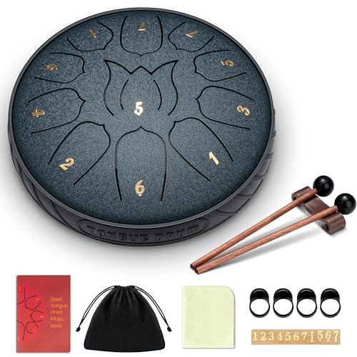 CAHAYA Steel Tongue Drum 6-Inch: 11 Notes Rain Drum Steel Percussion Hand Tongue Drums with Music Score Drums Mallets Finger Paddles and Carry Bag for Kids Gift Musical Education Meditation Navy Blue