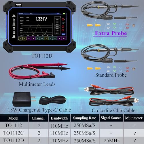 Image of Hantek Tablet Oscilloscope 2CH Digital Storage Oscilloscope Built-in Waveform Generator and Multimeter with 7 inch TFT Touch Screen(TO1112D /110MHz)