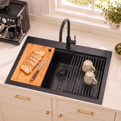 Image of LQS 33 Inch Black Drop In Kitchen Sink, 16 Gauge Workstation Sink