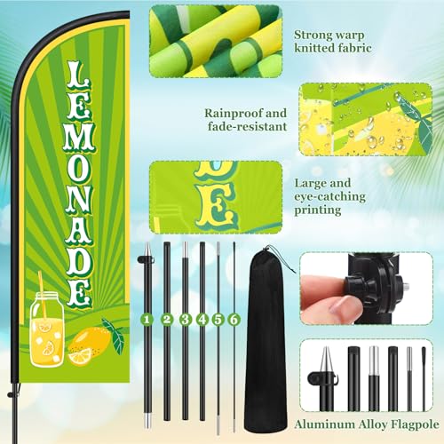 Image of Remagr 2 Pack Lemonade Feather Flag 7 ft Advertising Swooper Flag Sign Windless Lemonade Banner with Pole Kit and Ground Stake for Businesses Restaurants Outside Ground(Green Yellow)
