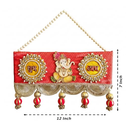 Image of Divyakosh Traditional Ganesh Shubh Labh Door Hanging with Pearl String, Red and Gold Design, Decorative Tassels, 30 x 18 cm