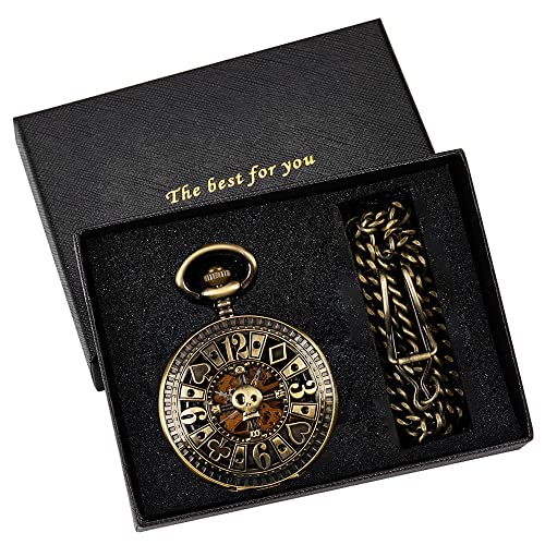 Image of Men's Mechanical Hollow Design Hand Wind Pocket Watch Roman Numerals Steampunk with Chain Box