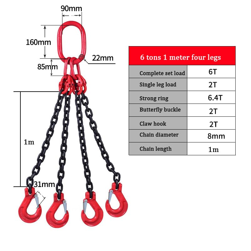 JIEYUGH Chain Sling 5/16 Inch X 3.28 FT Engine Lift Chain G80 Alloy Steel Engine Chain Lifts 6 Ton with 4 Leg Grab Hooks for Cargo Security Towing and handling