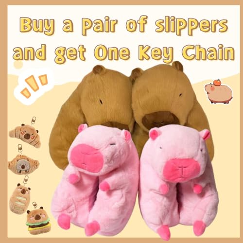 Cute Capybara Slippers, with One Random Key Chain Capybara Gift for Women Girls Kids, Fuzzy Warm Non Slip Winer Shoes Faux Fur Plush Cozy Indoor House Sandals Soft Cloud Slides Bedroom Funny Slippers2