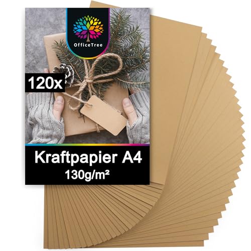 OfficeTree 120x Kraftpapier A4 130g - Craftpapier A4 - Kartonpapier zum Basteln Hochzeit Einladungen, Menükarten - Braunes Papier - Kartonpapier - Craft Papier zum Drucken und Schreiben