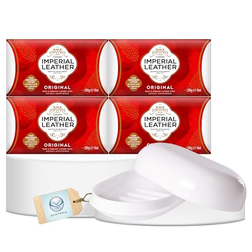 Imperial Leather Classic Soap Bars Original Cleansing Gentle Bath Soap & Hand Wash Natural Soap Bars Multipack (4 x 90g) with Portable Soap Tray with Lid Long-Lasting Skincare & Everyday Wash