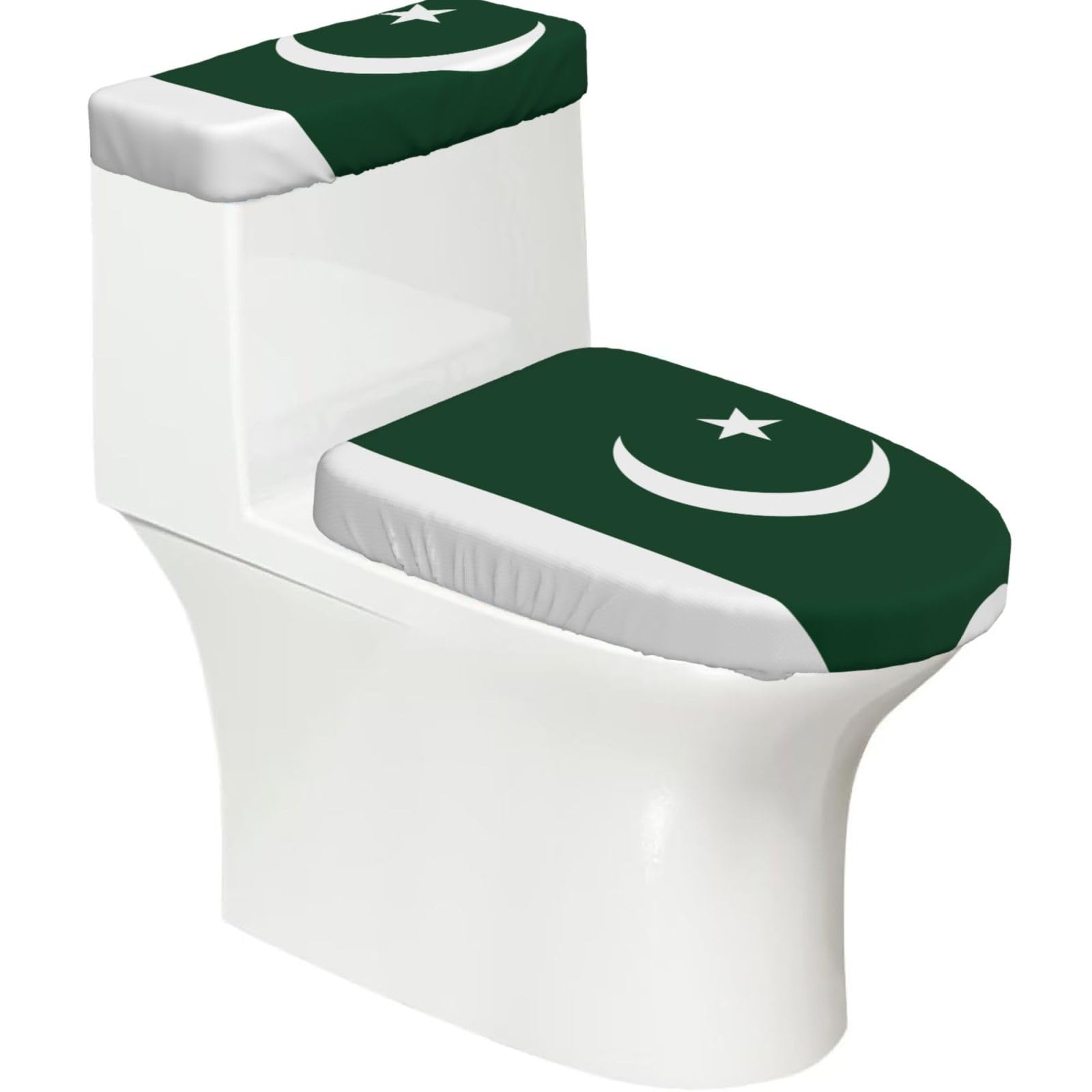 Flag of Pakistan Elastic Toilet Cover Set of 2-Stretchy Lid and Tank Covers for Bathroom, Soft Washable U Shape Toilet Decor