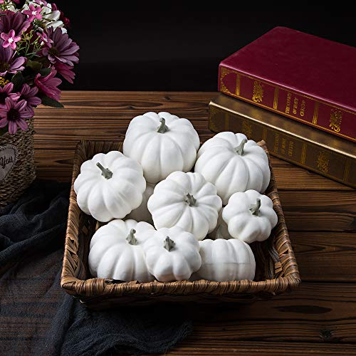 Image of Ogrmar 12 Pack Artificial Assorted Pumpkins, Mini Fake Pumpkins | White Pumpkin Decor Mini Halloween Pumpkins Foam Pumpkins Artificial Vegetable for Halloween Harvest Thanksgiving Party Decor