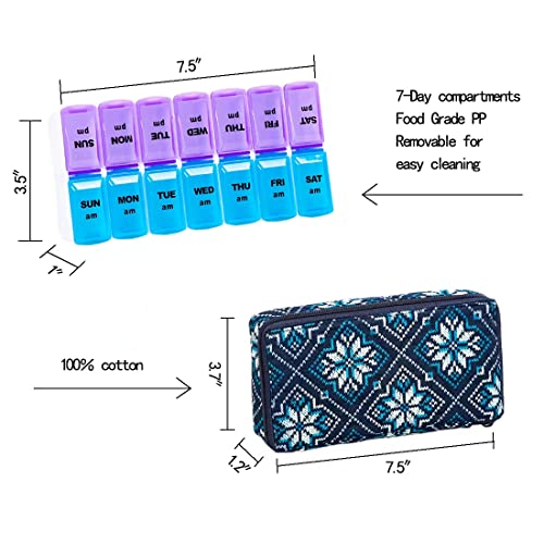 Image of Weekly Pill Organizer 2 Times a Day, Zumd Pill Box 7 Day with Cute Quilted Fabric Zipper Case, Travel Pill Case Am Pm for Vitamin Medicine Organizer